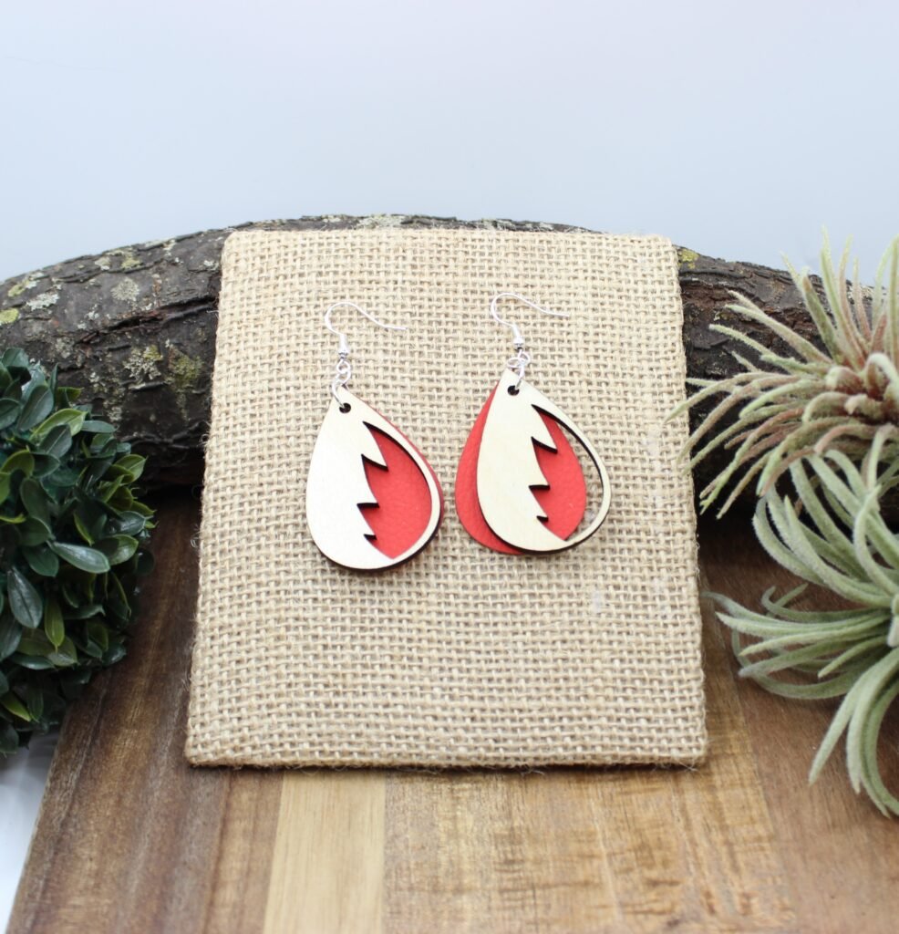 Mackintosh inspired earrings with red vegan leather detail