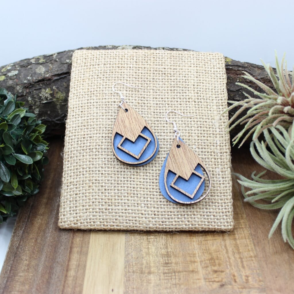 Mackintosh inspired earrings with blue vegan leather detail